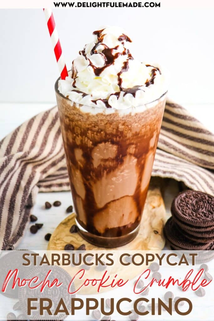 Mocha cookie crumble frappuccino with red striped straw and topped with whipped cream and chocolate sauce.