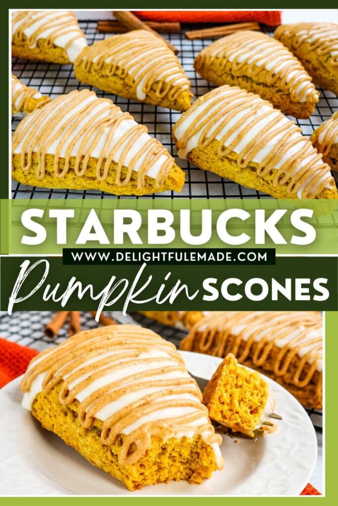 Two images of Starbucks pumpkin scones, on plate and on baking rack.