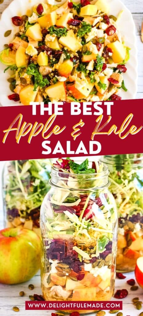 Apple kale salad on plate and as a mason jar salad.