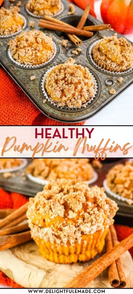 Healthy pumpkin muffins in muffin tin and single muffin with cinnamon sticks.