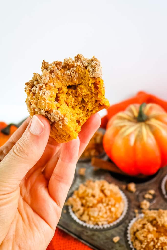 Healthy pumpkin muffin with bite take out.