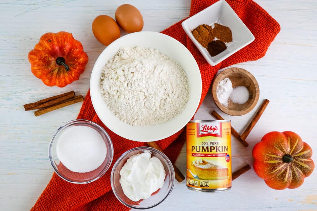 Ingredients needed to make healthy pumpkin muffin recipe.