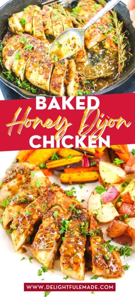 Honey dijon chicken in skillet and on a plate with potatoes and carrots.