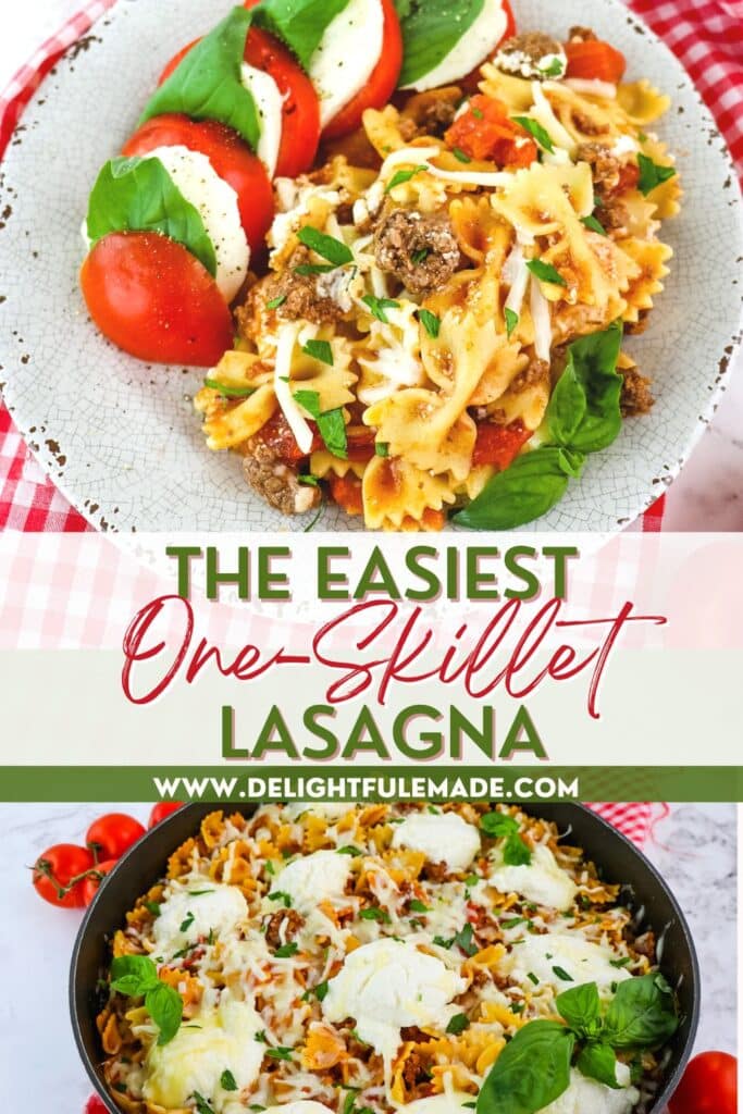 Skillet lasagna on plate with caprese salad and in skillet.