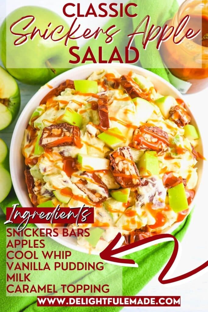 Snickers apple salad in bowl, with ingredients listed on the side.
