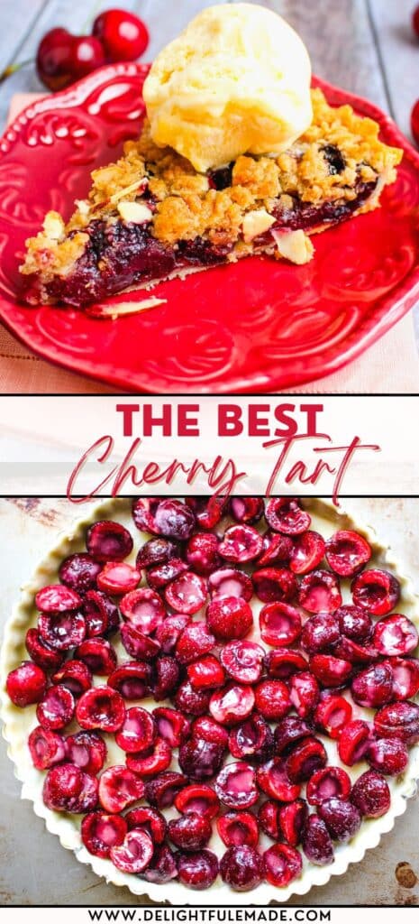 Cherry tart in tart pan and a slice on a plate topped with ice cream.