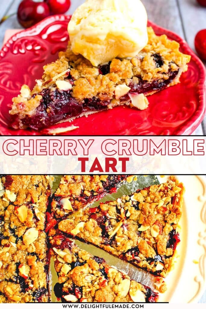 Cherry tart recipe, slice on plate with ice cream and sliced on platter.