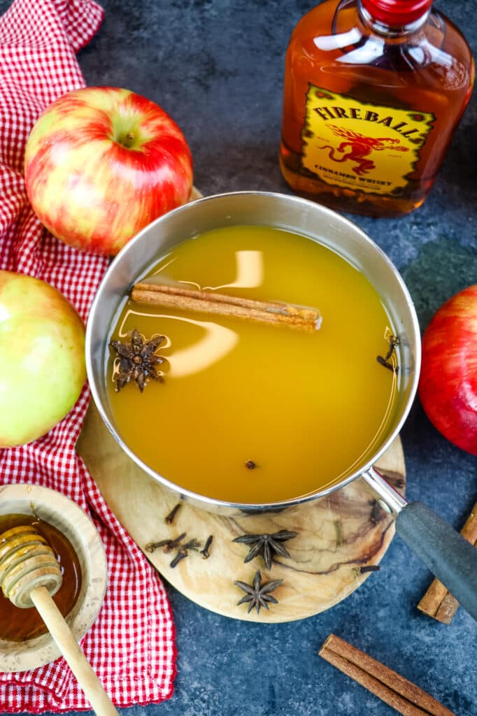 Apple cider in sauce pan with cinnamon sticks, star anise and cloves.