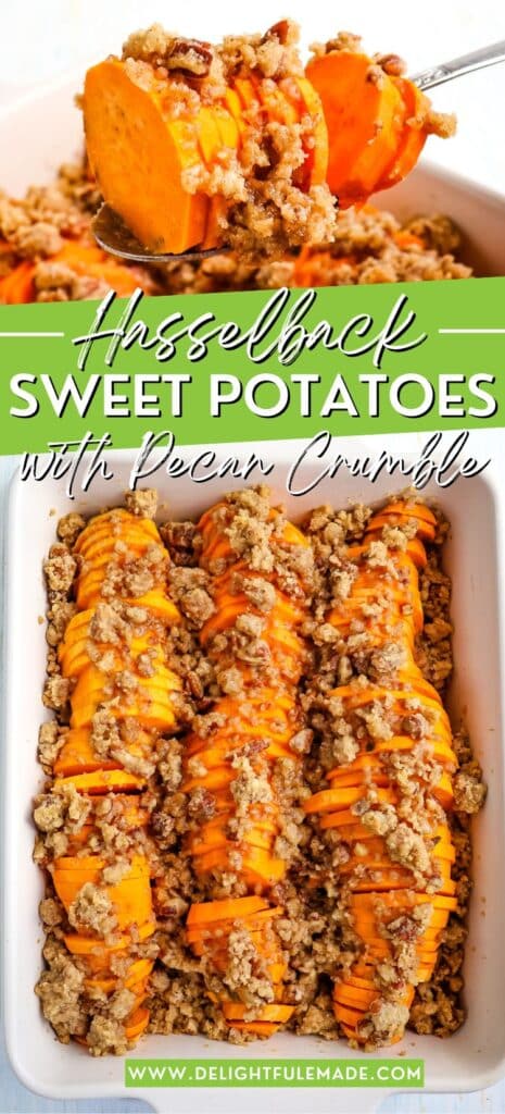 Hasselback sweet potatoes on spoon and in casserole dish.