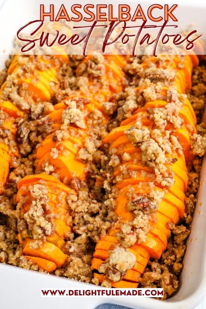 Hasselback sweet potatoes in baking dish topped with brown sugar pecan crumble.