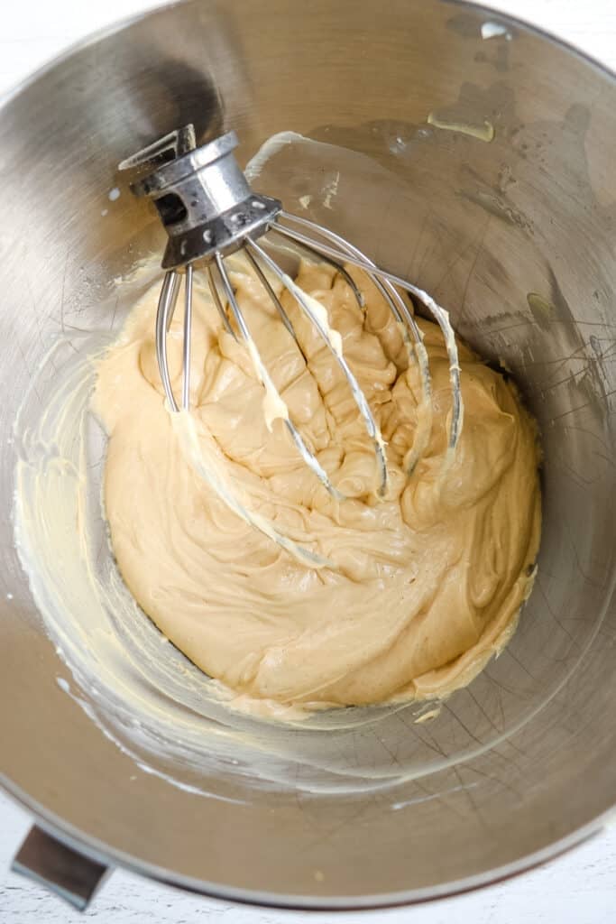 Peanut butter cream cheese filling in mixing bowl.