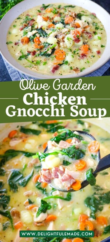 Olive garden chicken gnocchi soup in bowl and in pot with ladle.