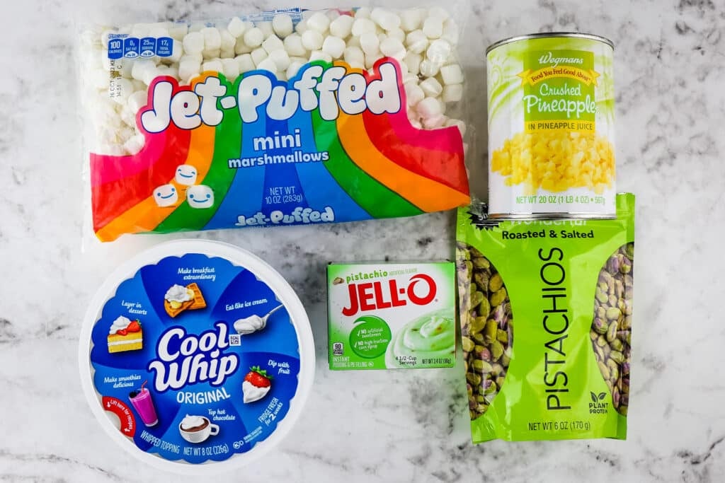 Ingredients needed to make pistachio fluff salad.