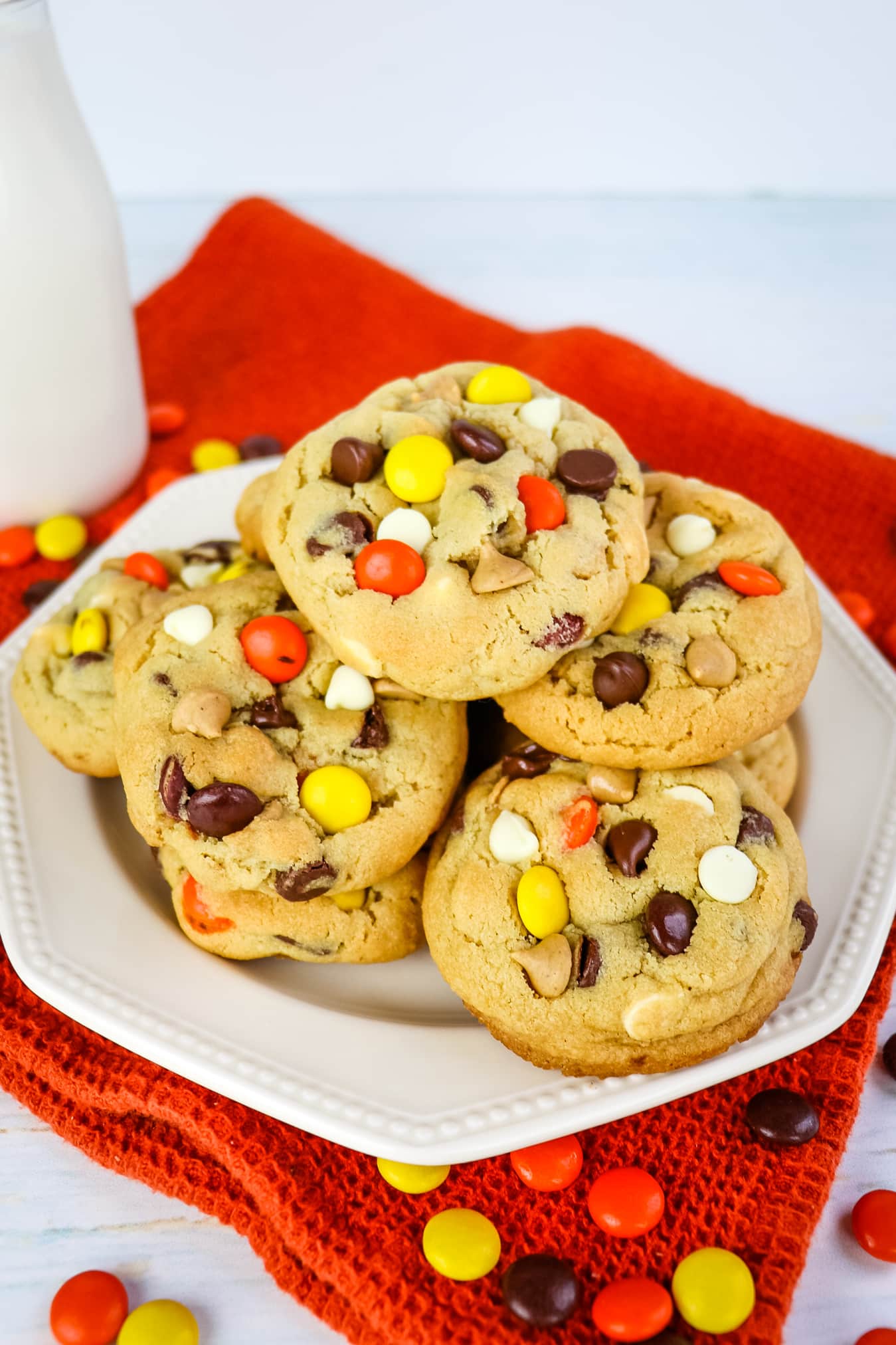 Plate of Reese's pieces cookies, garnished with Reese's pieces candies.