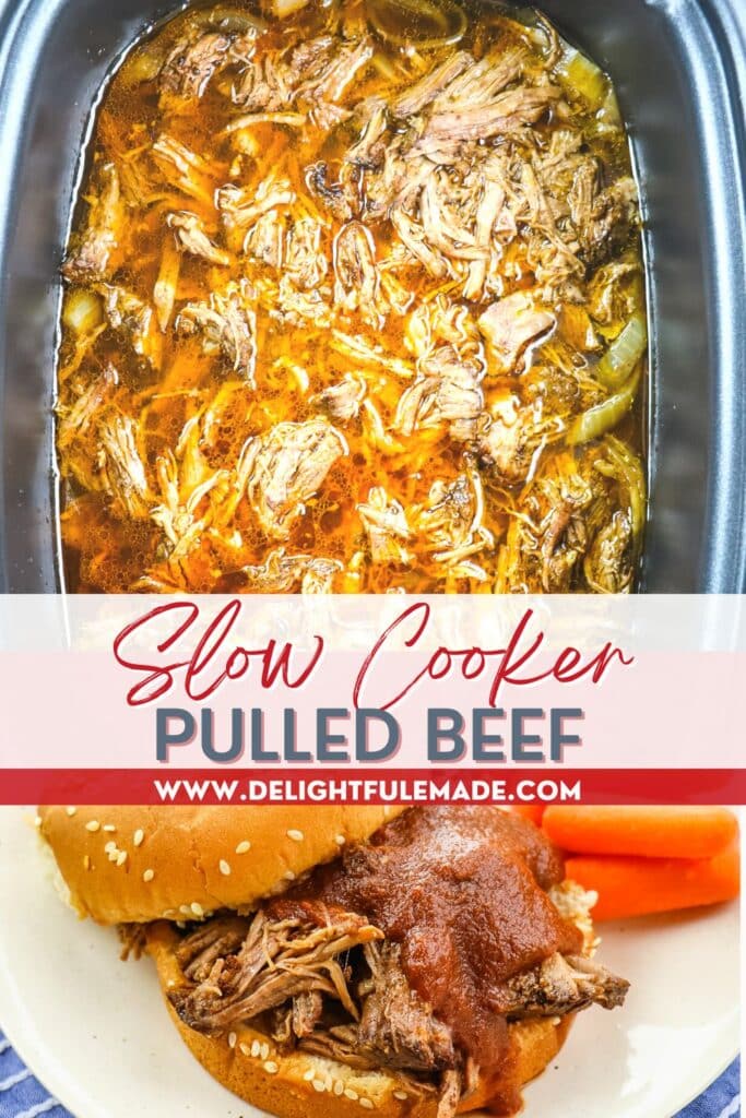Slow cooker pulled beef in crock pot and on sandwiches.