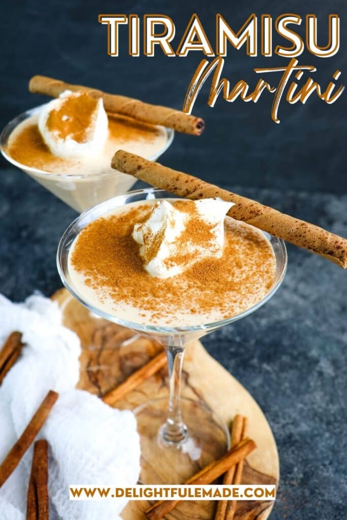 Tiramisu cocktails topped with cinnamon, whipped cream and wafer cookies.