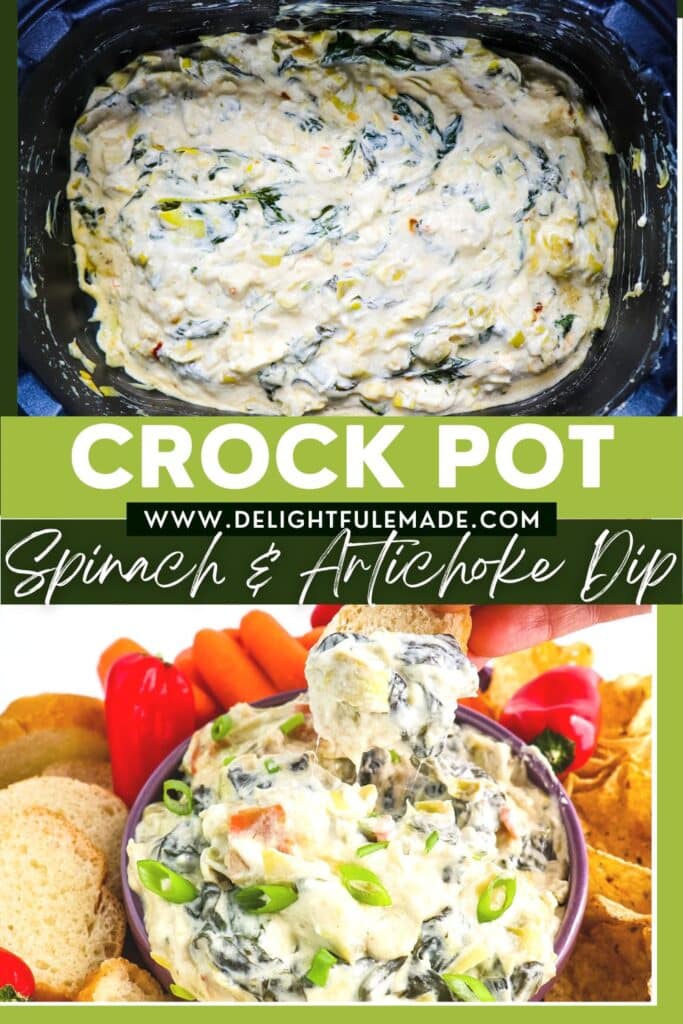 Crock pot spinach artichoke dip in a slow cooker and in a bowl with bite take out.