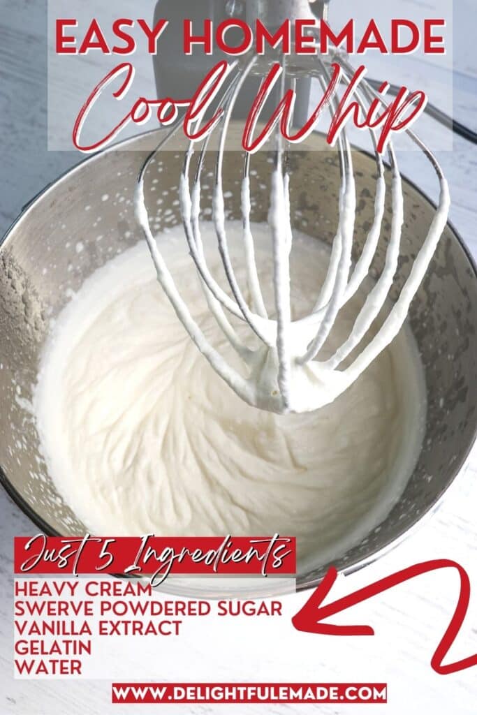 Homemade cool whip in a mixing bowl with mixer whisk.