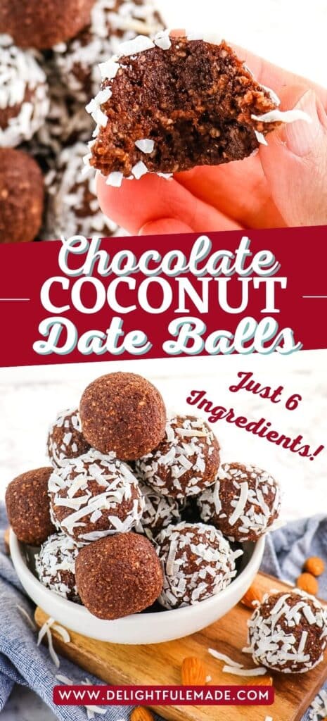 Chocolate date balls in a bowl and held in hand, with bite taken out.