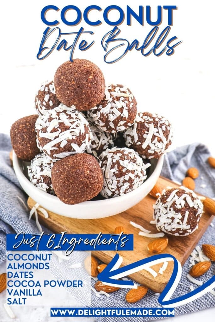 Bowl of date balls with text overlay stating the six ingredients needed to make.