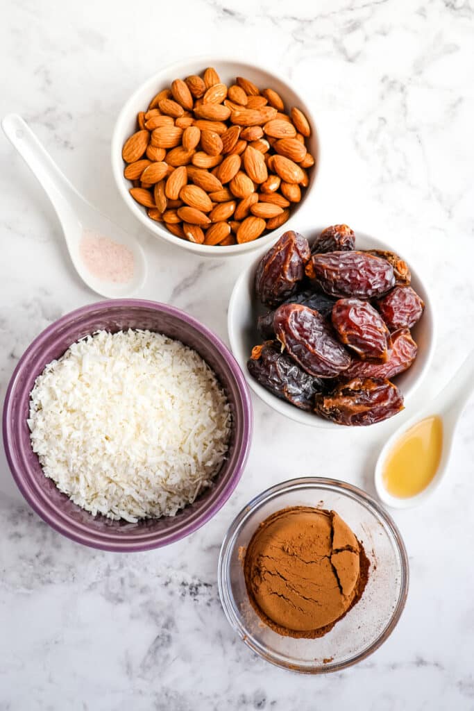 Ingredients needed to make chocolate coconut date balls.