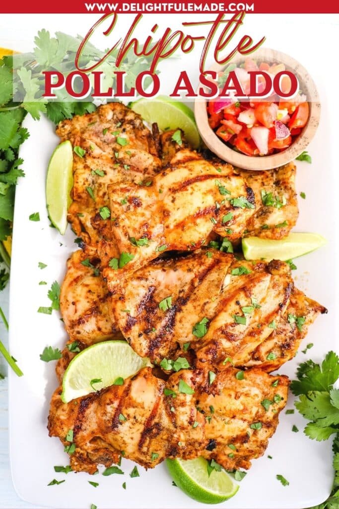 Pollo asado recipe on a platter garnished with lime wedges and chopped cilantro.
