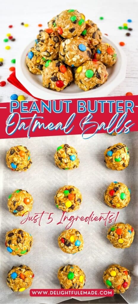 Peanut butter oatmeal balls on a plate and lined up on a baking sheet.