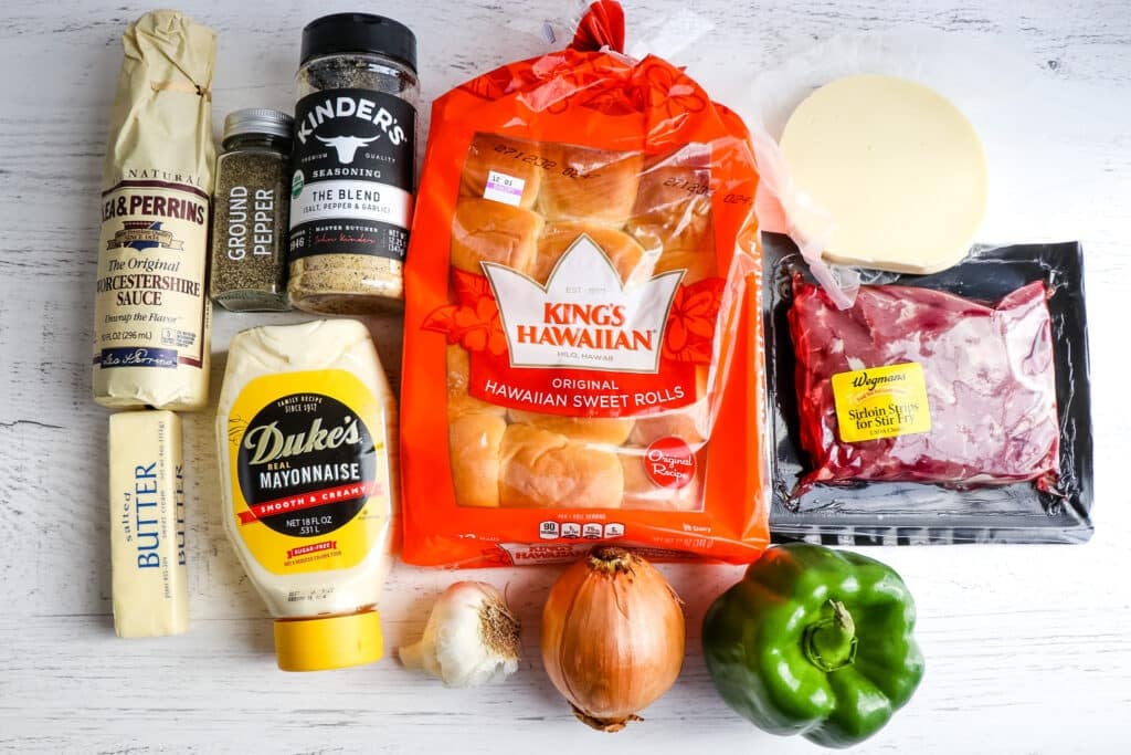 Ingredients needed to make Philly cheesesteak slider recipe.