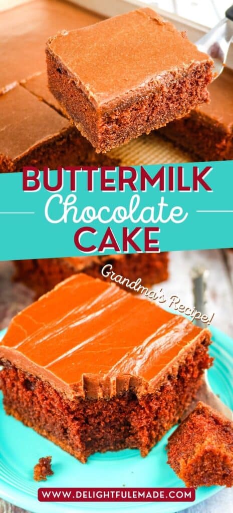 Buttermilk chocolate cake recipe with slice being lifted out of pan and slice on a plate.