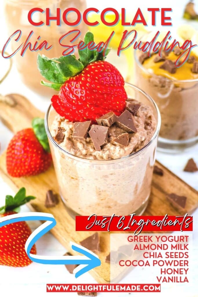 Chocolate chia seed pudding topped with a strawberry and chocolate chunks.