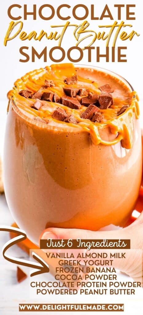 Chocolate peanut butter banana smoothie topped with peanut butter and chocolate chips.