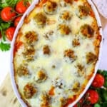 Dump and bake meatball casserole recipe baked with lightly browned cheese.
