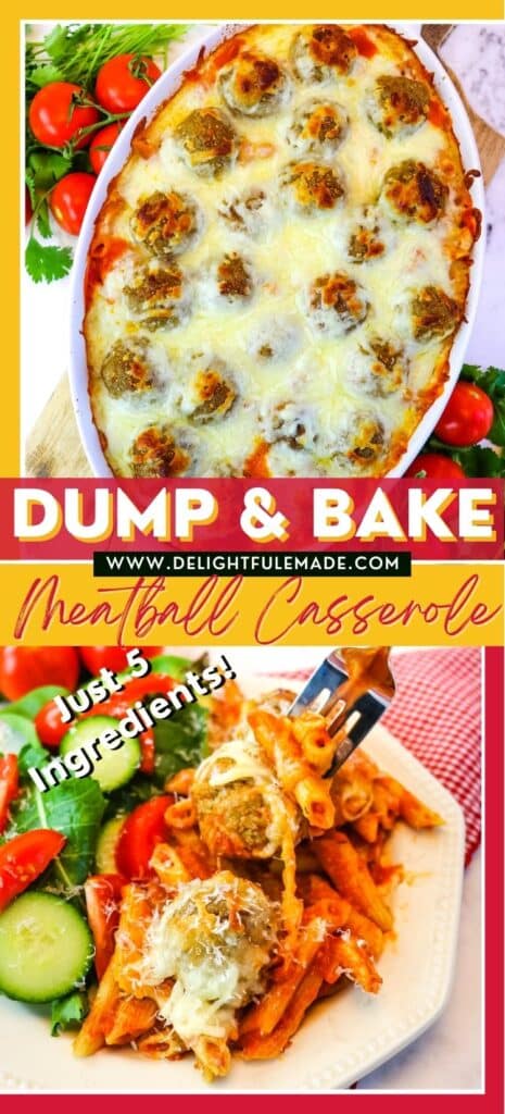 Dump and bake meatball casserole in baking dish and on a plate with green salad.