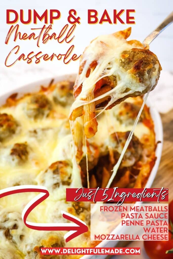 Meatball casserole with spoon taking serving out of dish with cheese pull.