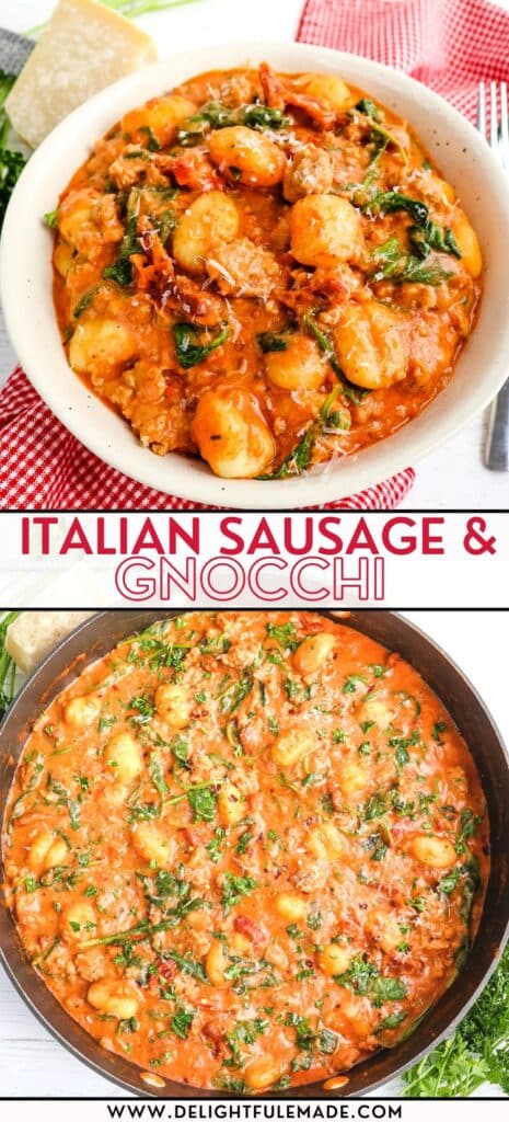 Italian sausage and gnocchi in a creamy red sauce with sun dried tomatoes and spinach.