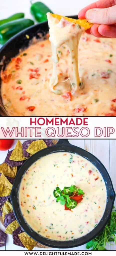 White queso dip in skillet served with tortilla chips and a chip being dipped into the queso.