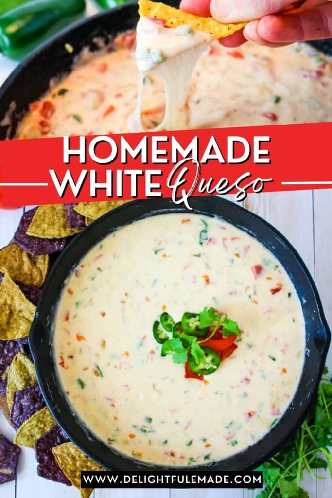 Homemade white queso dip with tortilla chips on the side, with chip being dipped into cheese.