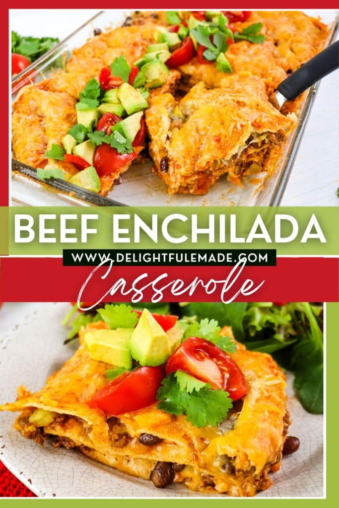 Beef enchilada casserole in pan and on a plate served with avocados, tomatoes and cilantro.