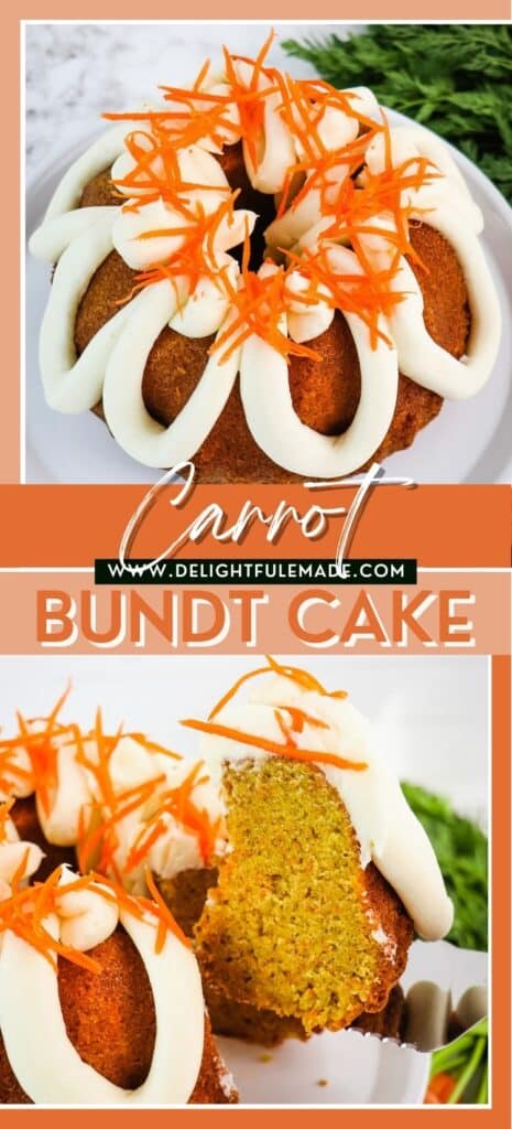 Whole carrot budnt cake topped with cream cheese frosting and carrot strands, and slice being lifted from cake.