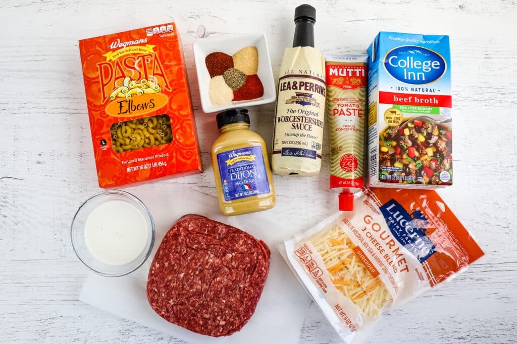 Ingredients needed to make cheeseburger mac.