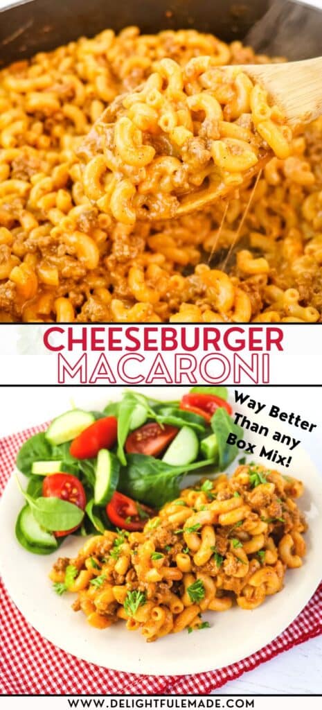 Cheeseburger macaroni recipe in a skillet and on a plate with green salad on the side.