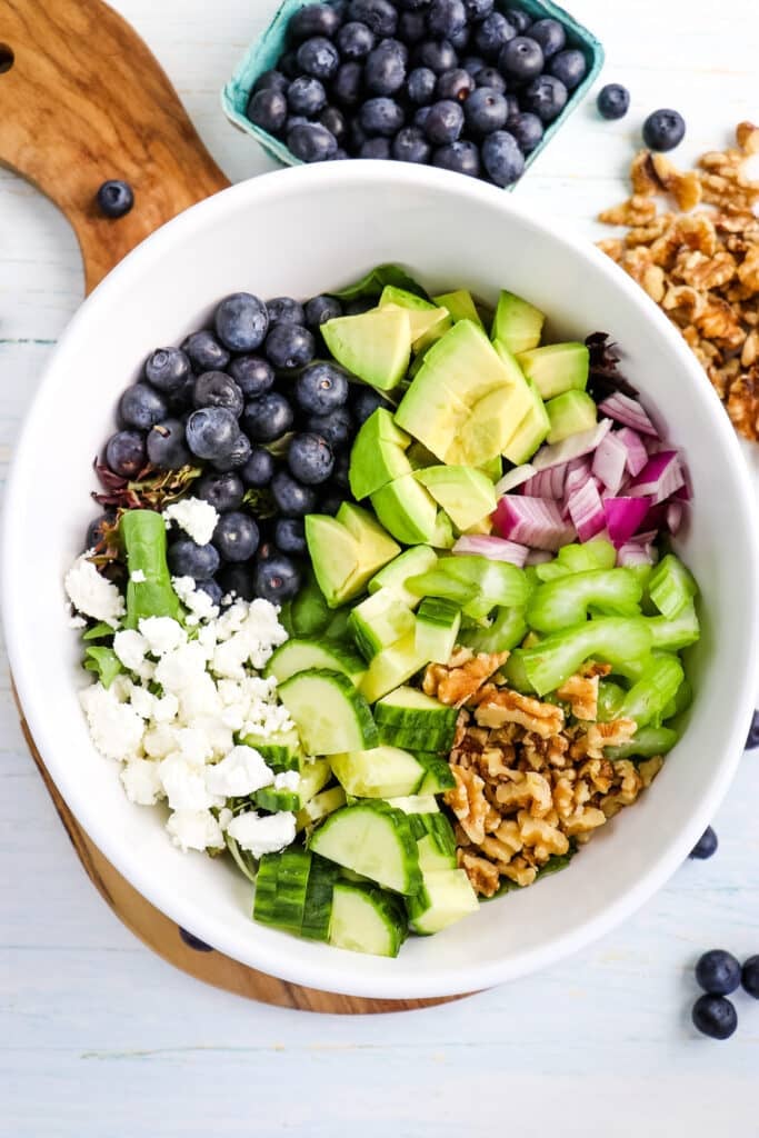 Blueberry spring mix salad with cucumbers, avocados, celery, walnuts and goat cheese crumbles.