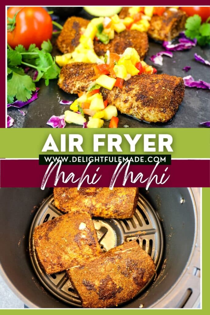 Air fryer mahi mahi topped with pineapple mango salsa and in air fryer basket.