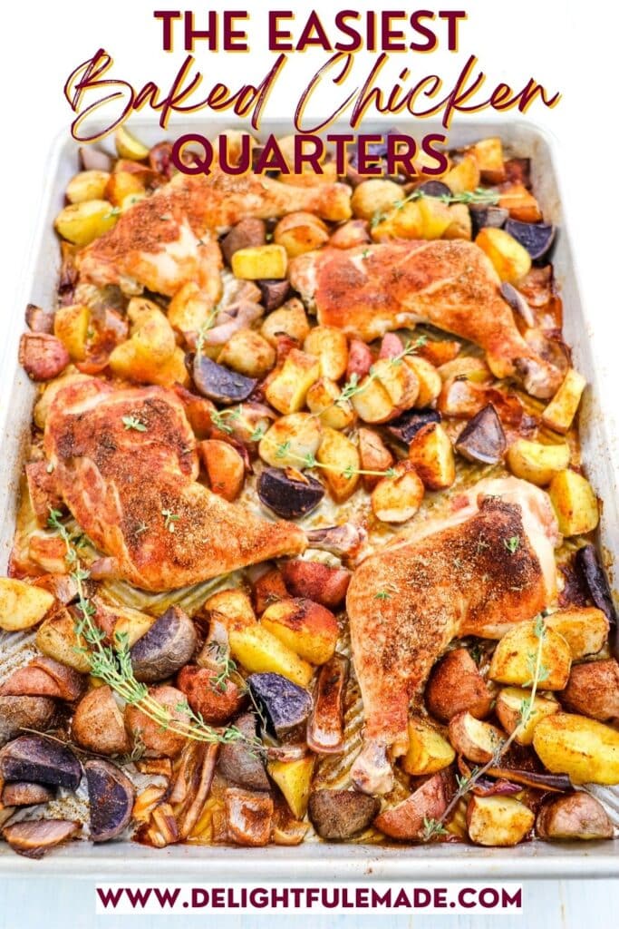 Baked chicken quarters on a sheet pan with potatoes and fresh herbs.