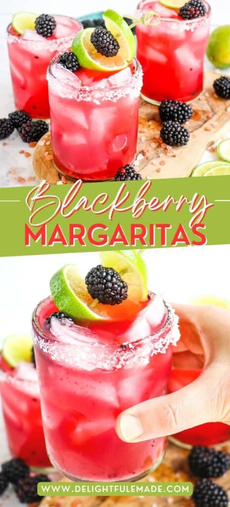 Blackberry margarita recipe in a glass topped with fresh blackberries and lime slices.