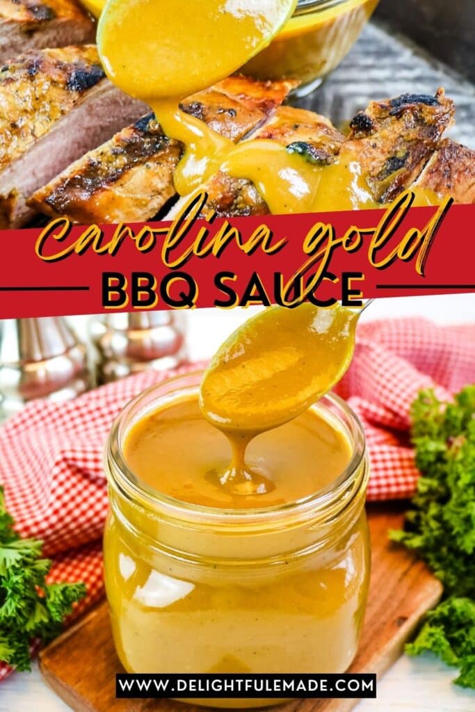 Carolina gold bbq sauce in a jar with spoon and sauce being spooned over sliced pork loin.