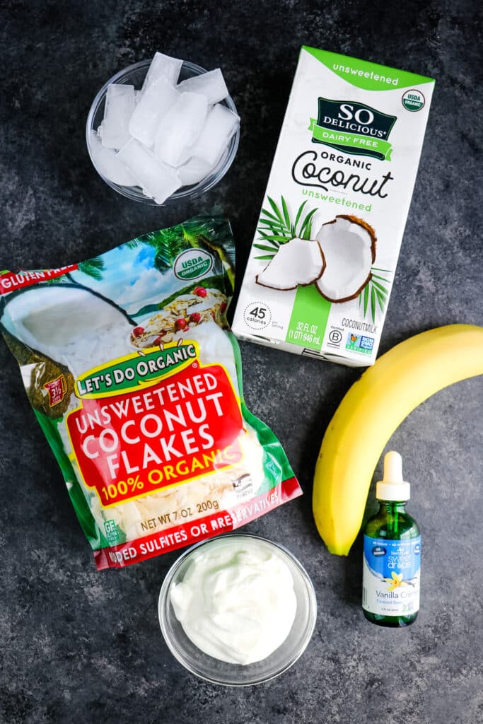 Ingredients needed to make a coconut milk smoothie.