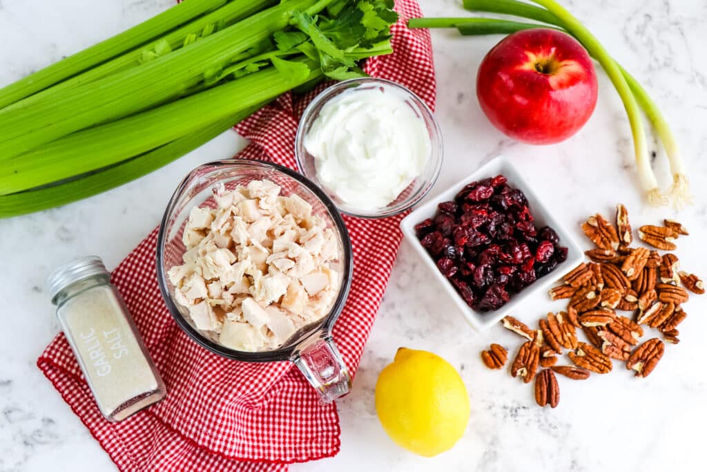 Ingredients needed to make cranberry pecan chicken salad.