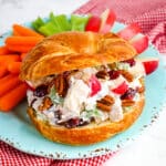 Apple cranberry chicken salad on a croissant on a plate with apples, celery and carrots.