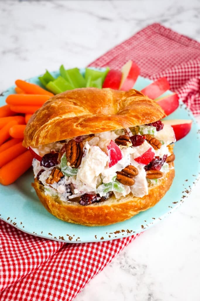 Apple cranberry chicken salad on a croissant on a plate with apples, celery and carrots.